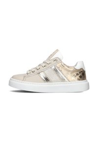 Lichtbeige sneaker met metallic gouden accenten, uitgerust met een gestructureerde zijkantstreep, ronde neus en witte rubberen zool. Gecoate sluiting.