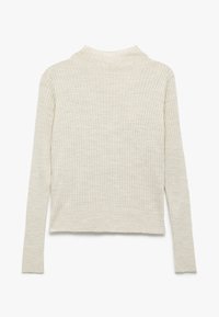 Lichtbeige geribde lange mouw top met een hoge hals, met een relaxte pasvorm en een zachte textuur. De zoom is recht afgesneden op de taille.