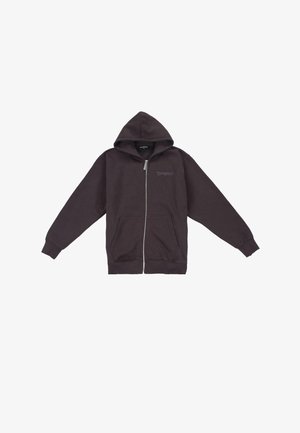 Temno siva zip-up kapuca s kapuco, sprednjimi žepi in rebrastimi manšetami. Ima majhen logotip na levem prsnem delu. Mehka bombažna zmes materiala.