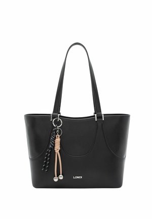 Borsa tote in pelle nera con manici lunghi, portachiavi decorativo con due nappine e logo del marchio argentato sul davanti.