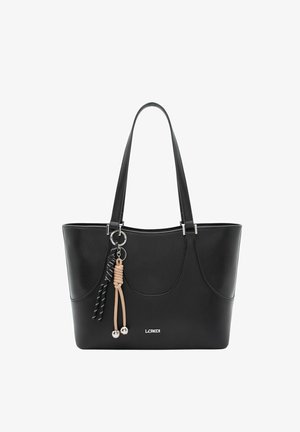 Borsa tote in pelle nera con manici lunghi, portachiavi decorativo con due nappine e logo del marchio argentato sul davanti.