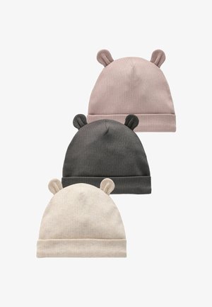 Three ribbed beanies with ear accents in light pink, dark gray, and cream colors. Each features a rolled cuff and soft texture.
