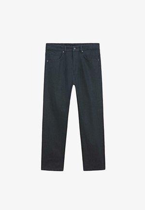 Donkerdenim jeans met een recht model, vijf pocket stijl, metalen knoopsluiting en subtiele stikdetails. Gladde textuur.