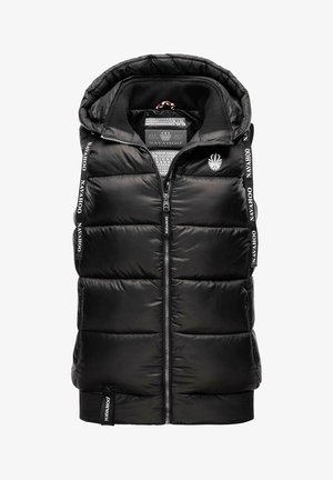 Veste sans manches noire matelassée avec capuche, dotée d'une fermeture éclair avant, d'un design matelassé et d'accents de logo sur les bretelles. Texture extérieure lisse et brillante.