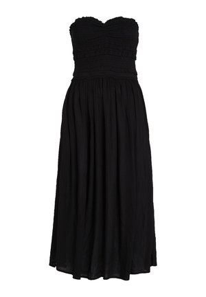 Black strapless maxi dress featuring a smocked bodice, textured fabric, and a flowing skirt with a relaxed aesthetic.