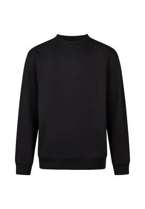 Schwarzer Sweatshirt aus weichem Stoff, mit Rundhalsausschnitt, langen Ärmeln, lockerer Passform und gerippten Bündchen und Saum. Keine Muster oder Akzente.