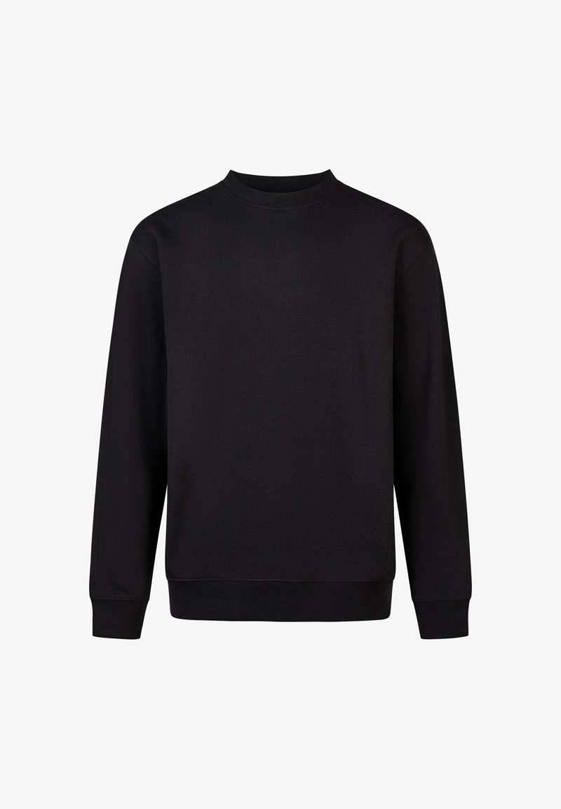 Schwarzer Sweatshirt aus weichem Stoff, mit Rundhalsausschnitt, langen Ärmeln, lockerer Passform und gerippten Bündchen und Saum. Keine Muster oder Akzente.
