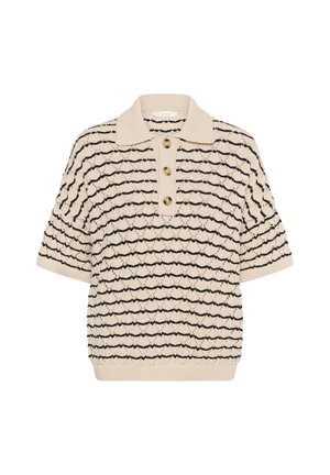 Tricou polo tricotat cu mâneci scurte, de culoare crem, cu dungi orizontale unduite negre și trei nasturi mari maro pe fenta.