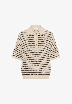 Tricou polo tricotat cu mâneci scurte, de culoare crem, cu dungi orizontale unduite negre și trei nasturi mari maro pe fenta.