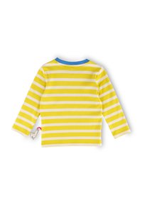 Langärmeliges Shirt mit gelben und weißen Streifen, blauer Ausschnitt und einer llama-förmigen Akzentmarke an der Seite. Weicher Stoff.