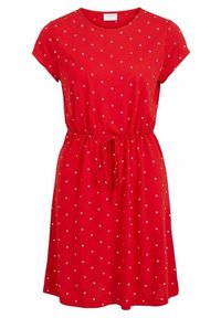 Punainen puuvillamekko lyhyillä hihoilla, pyöreällä pääntiellä ja pilkullisella kuviolla. Sisältää kiristettävän vyötärön säätömahdollisuudella ja liehuvan hameen.