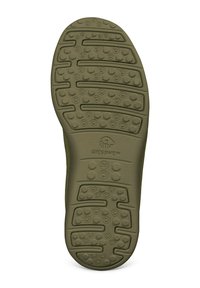 Semelle de chaussure en caoutchouc vert avec un motif de prise texturé, comprenant des éléments renflés circulaires et hexagonaux, marquée "Giesswein" et taille 38.