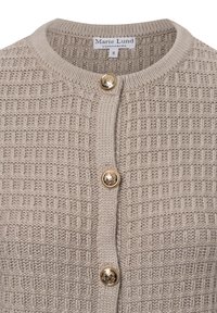Beige gebreide cardigan met een gestructureerd vierkant patroon, ronde halslijn en drie gouden knopen aan de voorkant. Maat S.