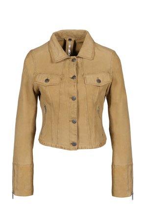 Korte jas van tan leer met een knopenopening aan de voorkant, twee borstzakken en zijsparingen met rits. Heeft een klassieke kraag en gestructureerde naden.