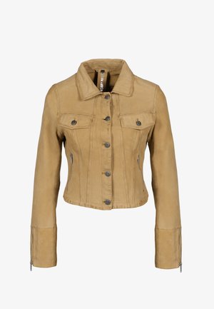 Korte jas van tan leer met een knopenopening aan de voorkant, twee borstzakken en zijsparingen met rits. Heeft een klassieke kraag en gestructureerde naden.