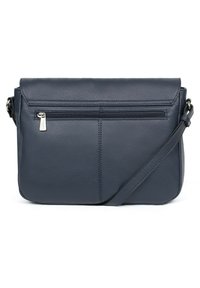Borsa a tracolla in pelle blu scuro con finitura testurizzata, patta, tasca frontale con zip e una singola tracolla regolabile. Presenta linee pulite e hardware minimale.