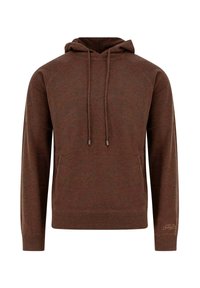 Felpa marrone con cappuccio, coulisse, tasca anteriore, polsini e orlo a coste. Realizzata con un tessuto morbido e una finitura testurizzata.