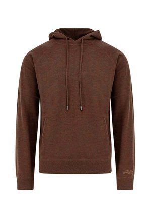 Felpa marrone con cappuccio, coulisse, tasca anteriore, polsini e orlo a coste. Realizzata con un tessuto morbido e una finitura testurizzata.