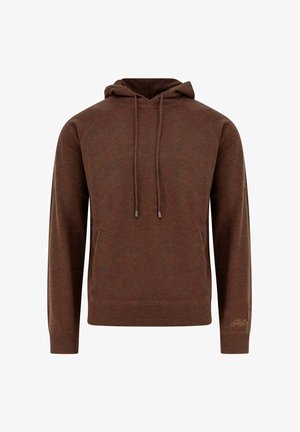 Sweat à capuche marron avec cordons, poche avant, poignets et ourlet côtelés. Fabriqué en tissu doux avec une finition texturée.