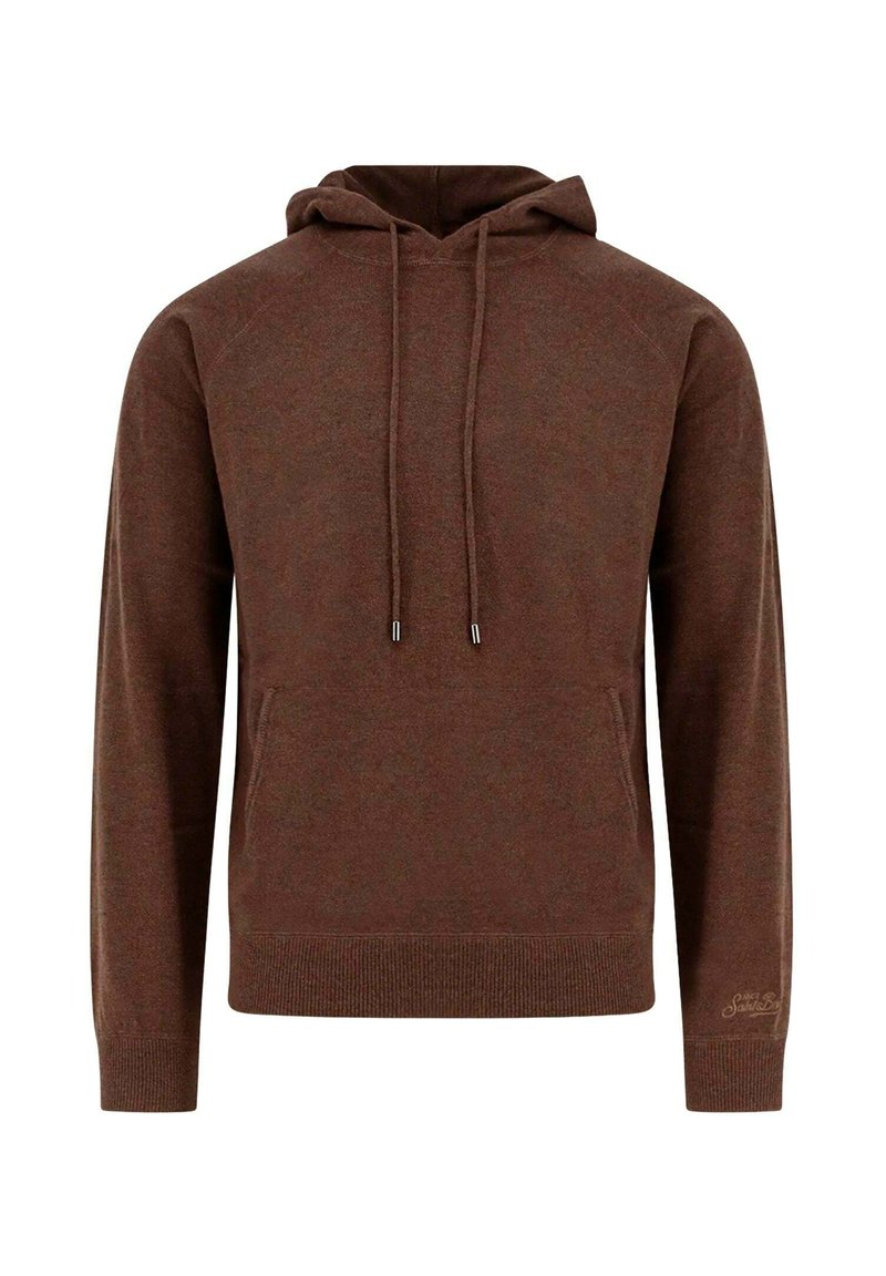 Felpa marrone con cappuccio, coulisse, tasca anteriore, polsini e orlo a coste. Realizzata con un tessuto morbido e una finitura testurizzata.
