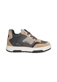 Sneakers with a suede and mesh upper, in brown, gray, and black. Features a padded collar, textured accents, and a rubber sole.