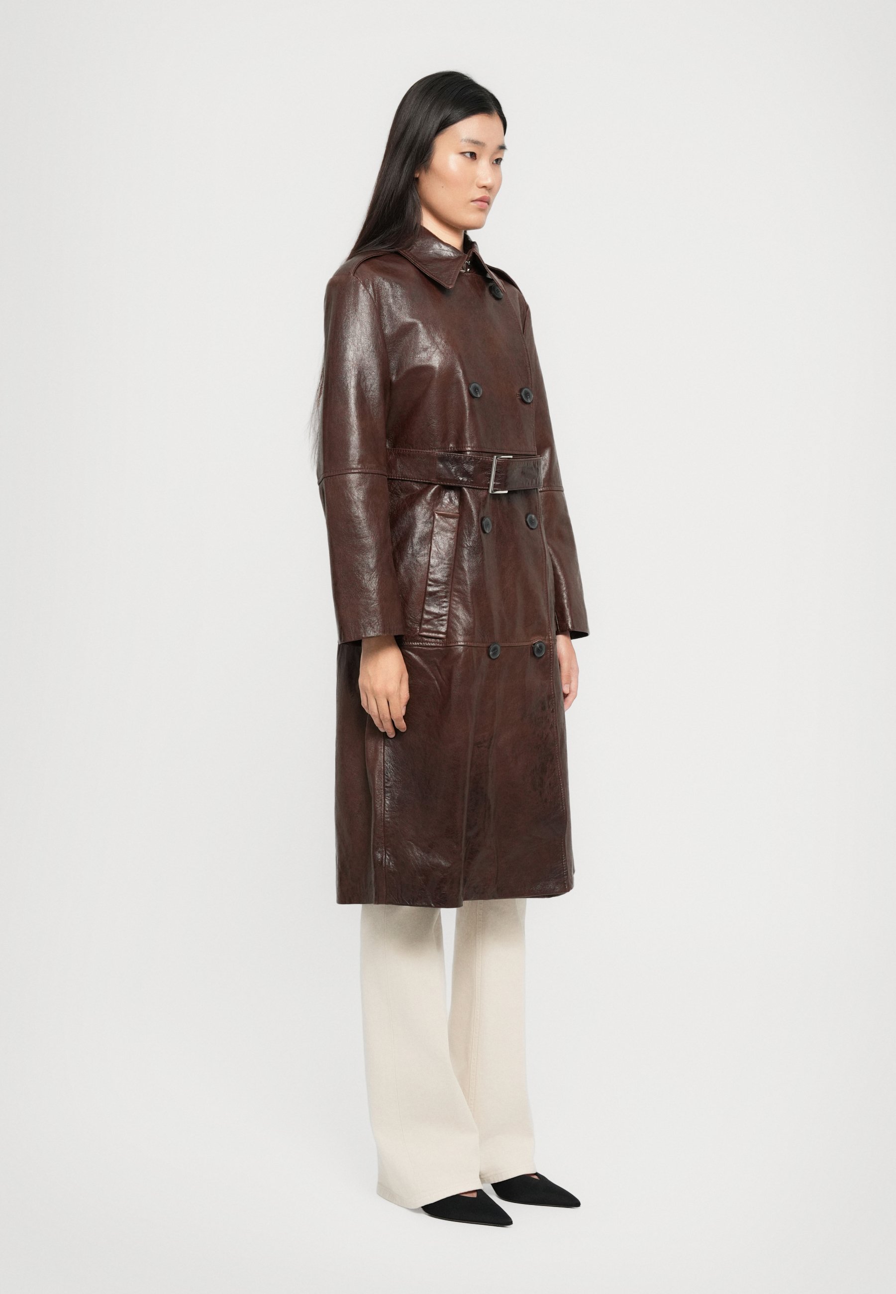 Women's Brown Lambskin Leather Long Belted Trench Coat – Classic