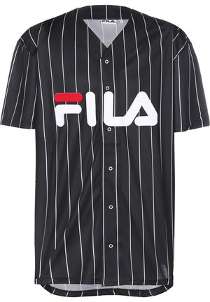 Gestreiftes Kurzarm-Jersey in Schwarz und Weiß mit Knopfverschluss vorne, Fila-Logo in Weiß und Rot, aus einem glatten synthetischen Material gefertigt.