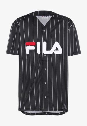 Jersey à manches courtes noir et blanc à rayures, avec un devant boutonné, logo Fila en blanc et rouge, fabriqué dans un matériau synthétique lisse.