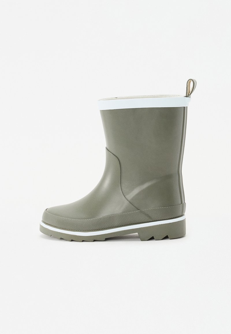 Khaki rubber rain boot with a white trim, round toe, textured sole, and a pull tab at the back for easy wear.