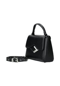 Borsa a tracolla nera in pelle con manico superiore e tracolla staccabile e regolabile, fibbia in tonalità argento e logo metallico a forma di diamante sulla parte anteriore del sottocapo.