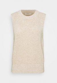 Beige ärmelloser Strickpullover mit Rundhalsausschnitt und geripptem Saum. Die Textur ist weich und hat ein dezentes Muster.