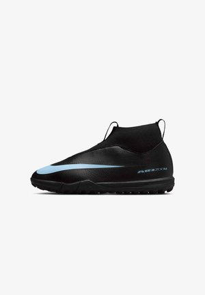 Black athletic shoes with a textured design, featuring a light blue swoosh, low profile, and elastic collar for a snug fit.
