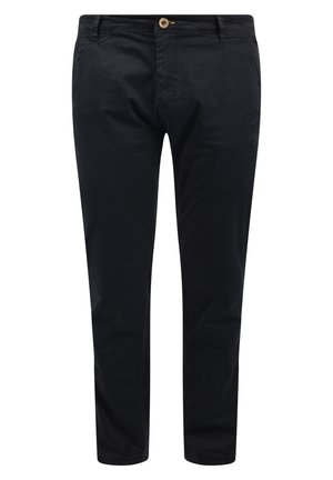 Black cotton trousers with a lightweight texture, straight fit, a button closure, and two side pockets.