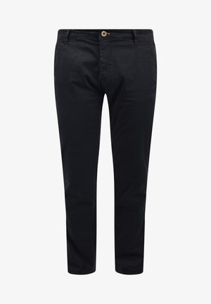 Black cotton trousers with a lightweight texture, straight fit, a button closure, and two side pockets.