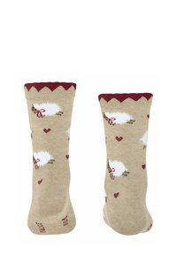 Beżowe skarpetki bawełniane z bordową falbanką, ozdobione białymi owcami i czerwonymi sercami w powtarzającym się wzorze. Miękka faktura i komfortowy design.