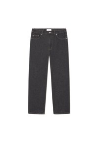 Dark denim jeans with a straight cut, five-pocket design, contrasting stitching, and a button closure at the waistband.