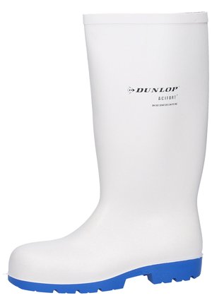 Weißer Gummistiefel mit blauer Außensohle, glatte Textur, abgerundete Zehenpartie und erhabenes Logo mit "DUNLOP" und "ACIFORT" an der Seite.
