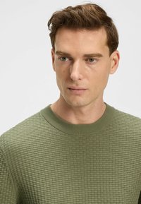 Textured olive green sweater with a ribbed crew neck. Features a grid pattern and smooth texture. Close-up of the upper body and face.