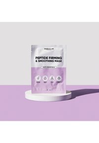 Verpackung der Peptid straffenden und glättenden Maske, silberfarben mit violetten Akzenten, zeigt Symbole, die die Vorteile erläutern. Abgerundete Kanten, flache Textur.