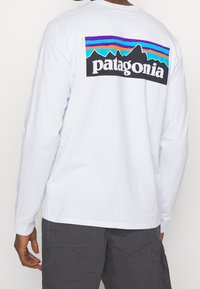 Valkoinen pitkähihainen t-paita, jossa on värikäs vuori graafinen kuva ja "patagonia"-teksti selässä. Puuvillakangasta, ribatut hihanpäät ja suora helma.