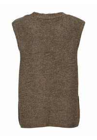 Bruine gebreide mouwloze sweater met een ronde halslijn en zijsplitten, gekenmerkt door een gestructureerde stof en een ontspannen pasvorm.