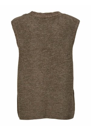 Maglione senza maniche in maglia marrone con scollo rotondo e spacchi laterali, caratterizzato da un tessuto testurizzato e una vestibilità rilassata.