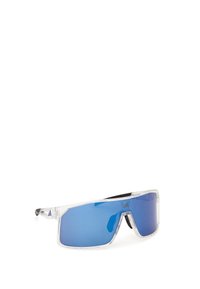 Sportowe okulary przeciwsłoneczne z oprawkami typu wraparound w przezroczystym kolorze i niebieskimi, lustrzanymi soczewkami, z subtelnym logo na zauszniki oraz mostku nosa.