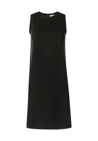 Czarna sukienka bez rękawów z okrągłym dekoltem, gładki materiał i dyskretne zapięcie z tyłu. Minimalistyczny design bez wzorów i ozdób.