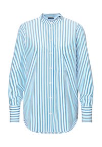 Camicia a righe verticali blu e bianche con colletto, taschino singolo sul petto e maniche lunghe con polsini. Materiale in cotone.