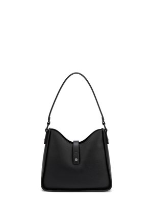 Sac à main en cuir noir avec une seule bandoulière et un fermoir à rabat avant, conçu dans une forme rectangulaire structurée et légèrement incurvée.