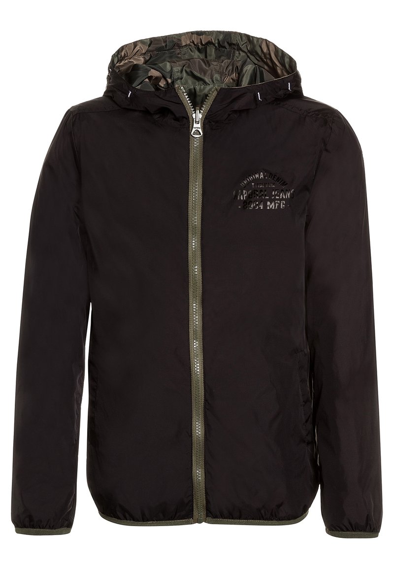 Black hooded jacket with a zip closure, featuring a camouflage inner lining and a textured logo on the chest. Elastic cuffs and hem.