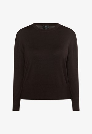 Brauner Pullover mit langen Ärmeln aus einem glatten, weichen Strickmaterial, rundem Ausschnitt und gerippten Bündchen. Hat minimale Nähte und einen geraden Saum.