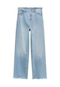 Vaqueros de mezclilla azul claro con pantalón ancho, cintura alta, bajo sin rematar y diseño tradicional de cinco bolsillos. Tejido texturizado con un sutil efecto desgastado.