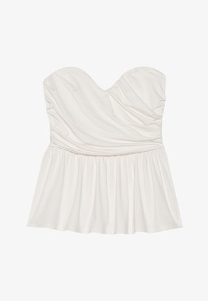 Top branco sem alças com decote coração, textura franzida e bainha larga. Feito de tecido macio, com um acabamento suave.